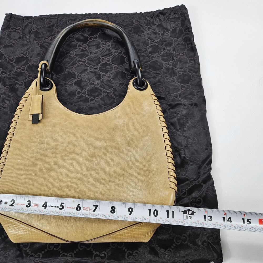 Y2k Gucci Bag Whipstitch Wood Handle Purse Beige Leather - Picture 5 of 12